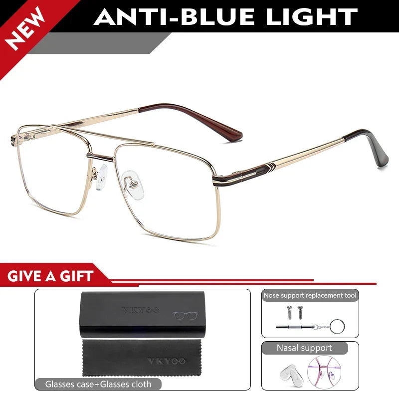 Classic Business Men's Metal Geometric Square Frame Eyewear Customizable Prescription Blue Light Protection Eyewear