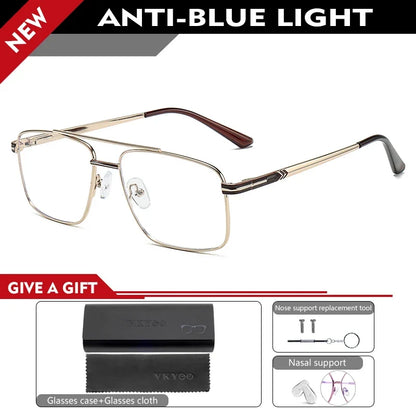 Classic Business Men's Metal Geometric Square Frame Eyewear Customizable Prescription Blue Light Protection Eyewear