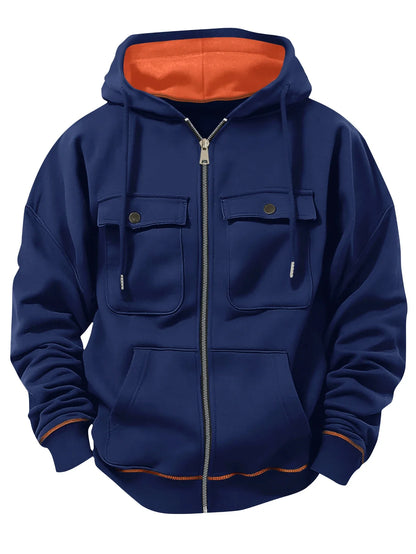 Spring Autumn New Men's Multi Pocket Hoodie with Velvet Casual Zipper Hoodie Fashion Sports Street Top Jacket for Men