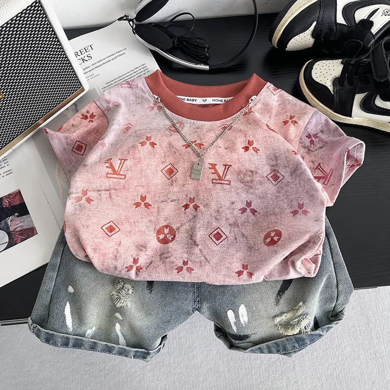 New Summer Suits for Baby Clothing Kids Various Graphic Prints Tshirt + Ripped Jeans 2pcs/sets Toddler Boy Fashion Clothing
