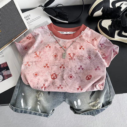 New Summer Suits for Baby Clothing Kids Various Graphic Prints Tshirt + Ripped Jeans 2pcs/sets Toddler Boy Fashion Clothing
