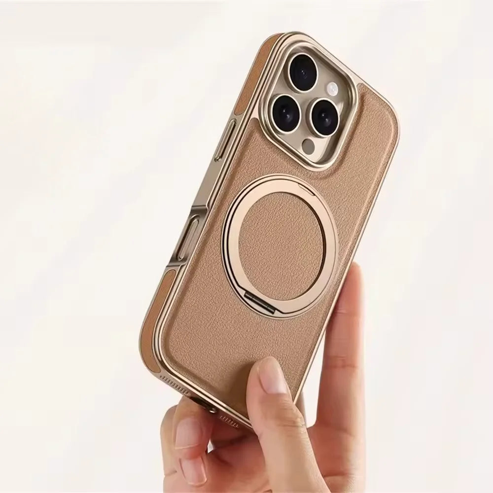 Business Plating Frame 360 Alloy Stand Holder Leather Magnetic Case For iPhone 16 15 14 13 Pro Max Shockproof Cover For Magsafe