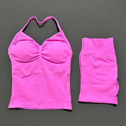 No Logo 2 Pies Sports Set Women Backless Tank Yoga Tops High Waist Scrunch Seamless Shorts Sport Gym Set Sportswear Workout Set