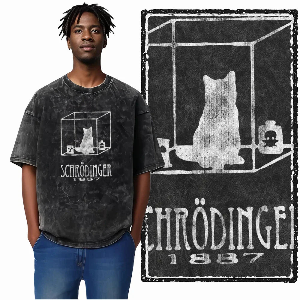 Cat Printed Cotton Acid Washed Exclusive Graphic Unisex T Shirt Cool Streetwear Men Tshirts Big Size Tee for Men