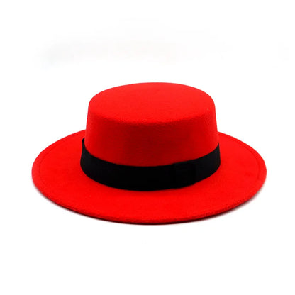 Black Ribbon Flat Top Hat British Retro Style Unisex Wool Fedora Winter Warm Hat