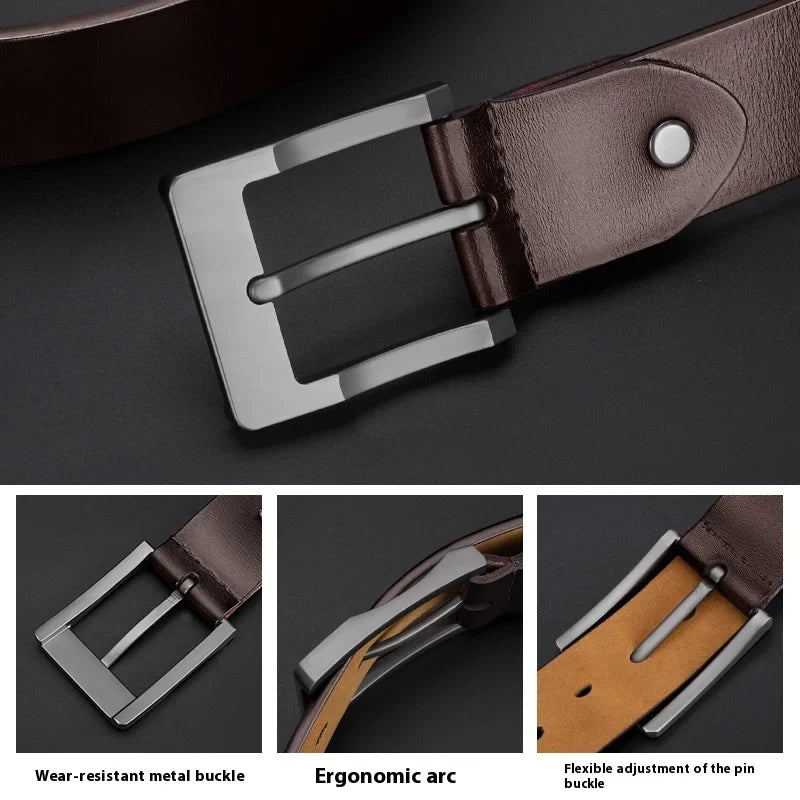 Men's Genuine Leather Belt - High-Quality Cowhide Leather Pin Buckle Belt with Alloy Clasp, Premium Men's Cowboy Belt