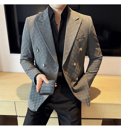 6 Color Luxury Double Breasted Blazers Coats 2024 New Fashion Checkered Business Slim Fit Social   Formal Suit Jacket 5XL-M
