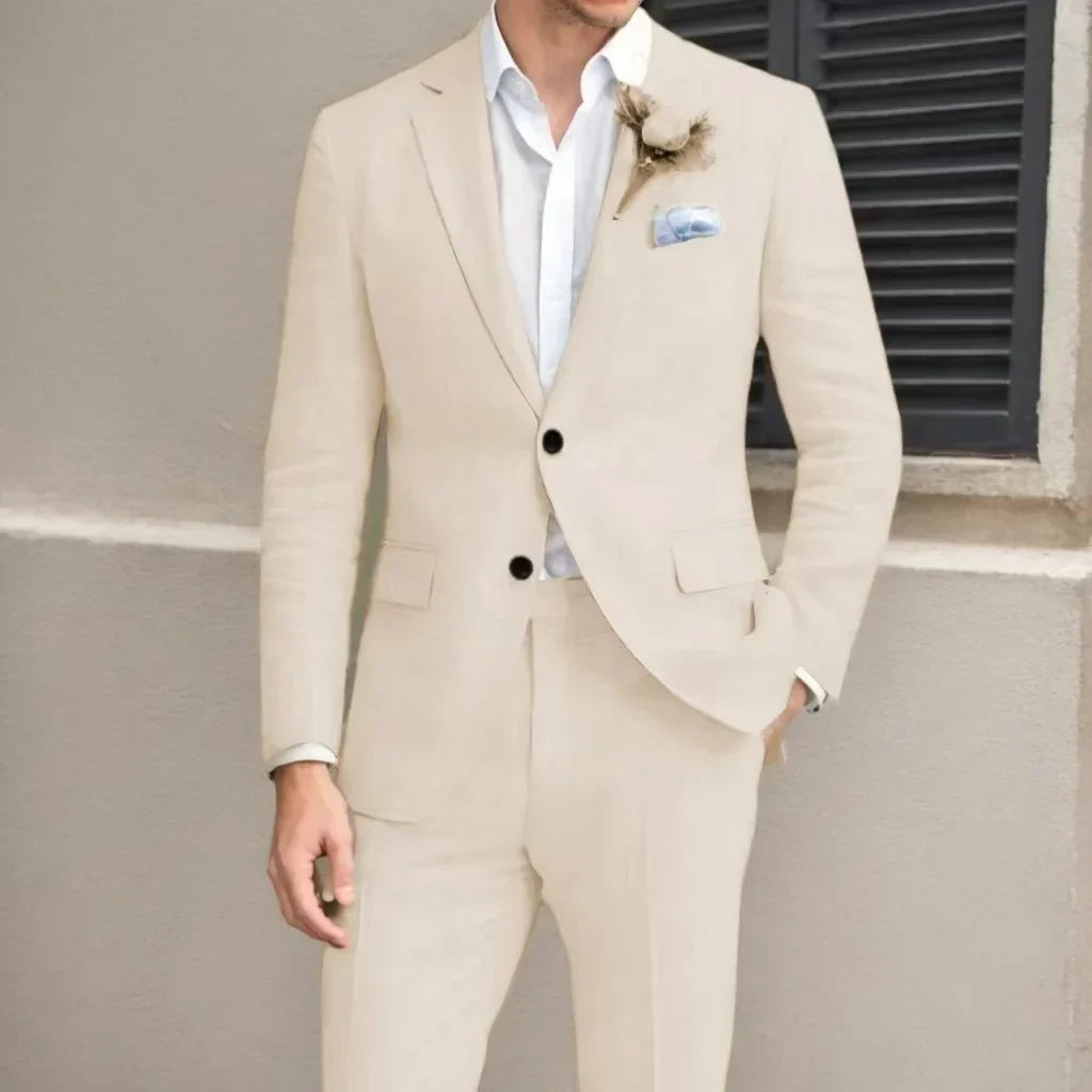 Men's High-Quality Linen Suits Notched Lapel 2-Piece Blazer And Pants Lightweight Summer Business Casual Beach Tuxedo Set