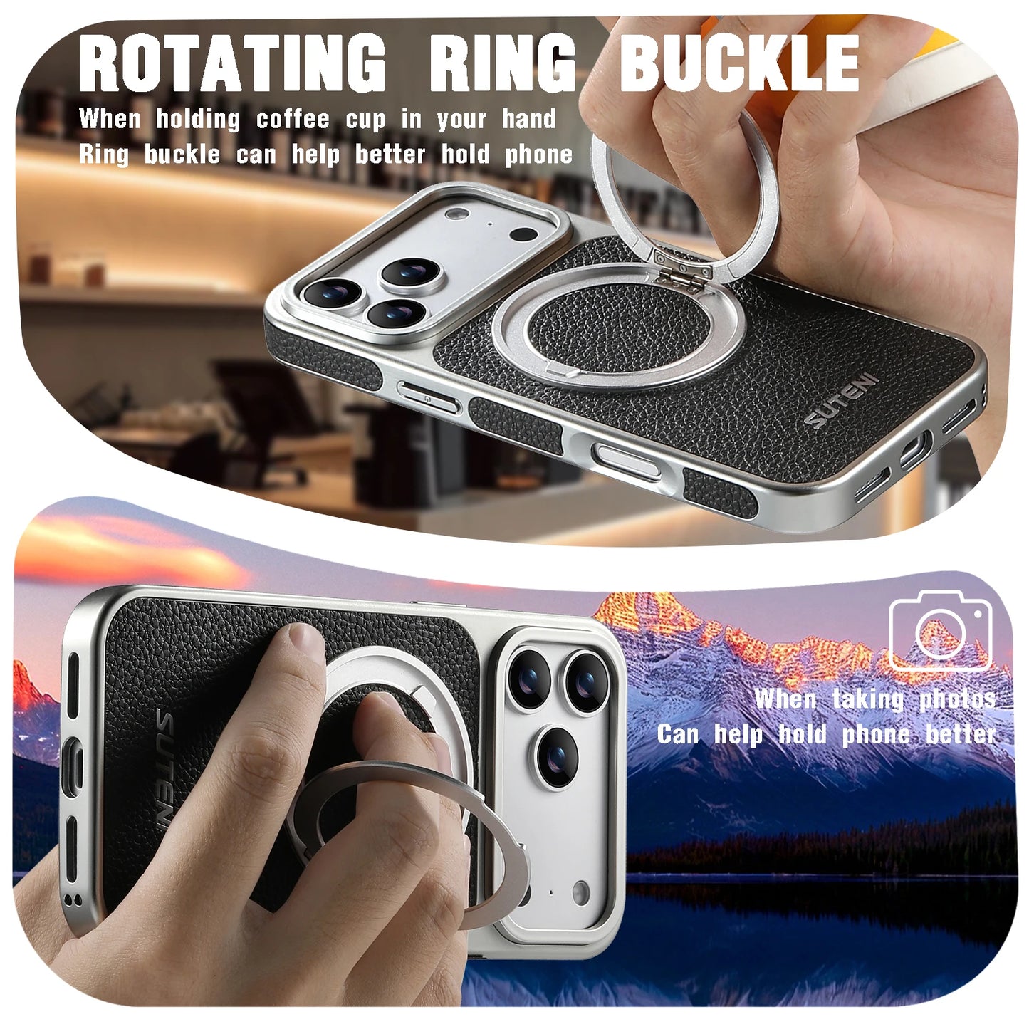 Faux Leather Magnet Wireless Charging Phone Case 360° Rotating Stand Ring Buckle Frosted Feel For iPhone 17 Pro Max 16 15