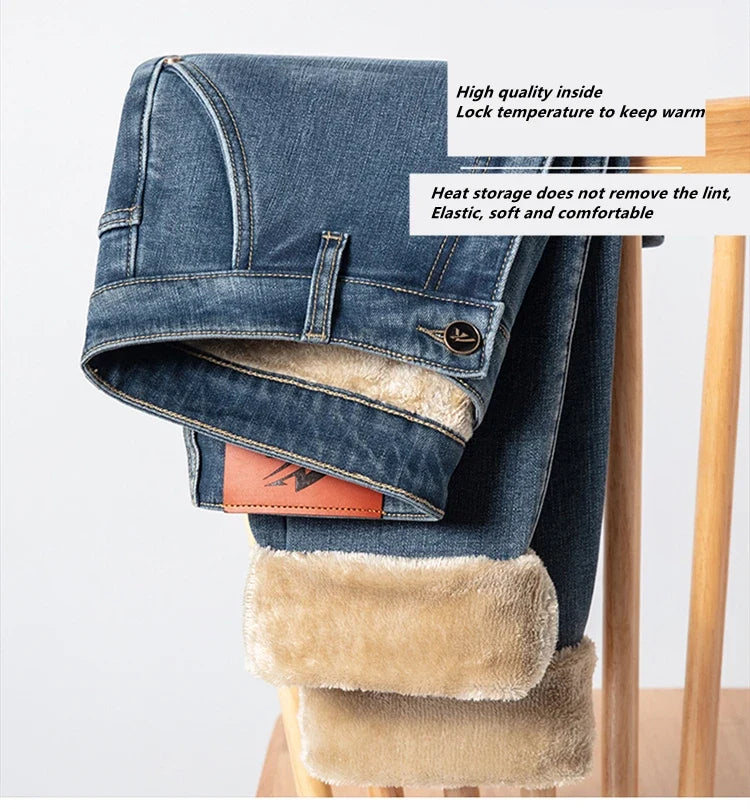 Winter Fleecy Thickened Warm Jeans Vintage Brand Classic Retro Youth Fashion Men Fit Straight Leg Casual Stretch Denim Pants