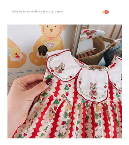 Flower Collar Rabbit Embroidered Girls' Dress 2025 Summer Style Cartoon Print Sweet and Cute Baby Sleeveless Dress