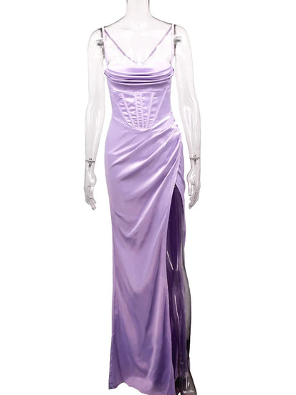 New Summer Prom Dress Women'S Sling Sleeveless Solid Color Dress One Word Neck Slim Fit Open Back Slit Red Sexy Dress