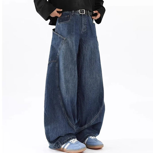 Korean Retro Men'S Jeans Fashion Large Pocket Design Curved Knife Jeans Straight Leg Pants Letter Embroidered Baggy Jeans Y2k