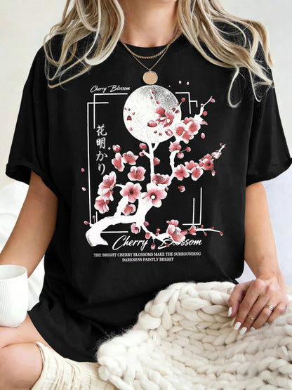 Japanese Cherry Blossom Design Women'S T-Shirt Loose Cotton T Shirts Crewneck Trendy Short Sleeve Y2K Summer Casual Streetwear