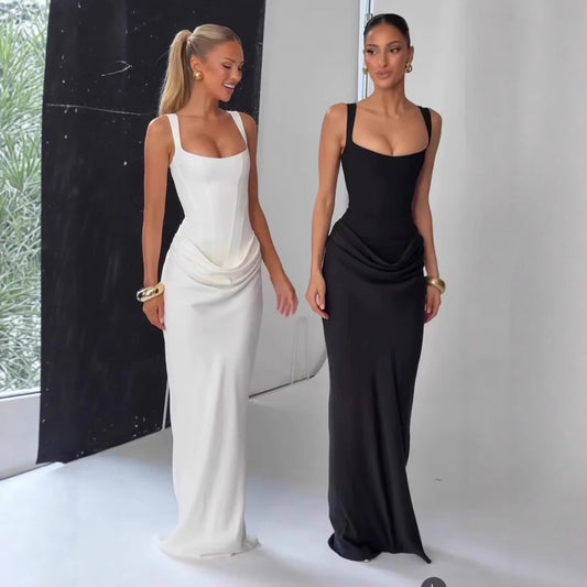 Sexy Backless Ruched Maxi Dress for Women U-neck Sleeveless Bandage Bodycon Black Long Dresses Lady Evening Party Gown