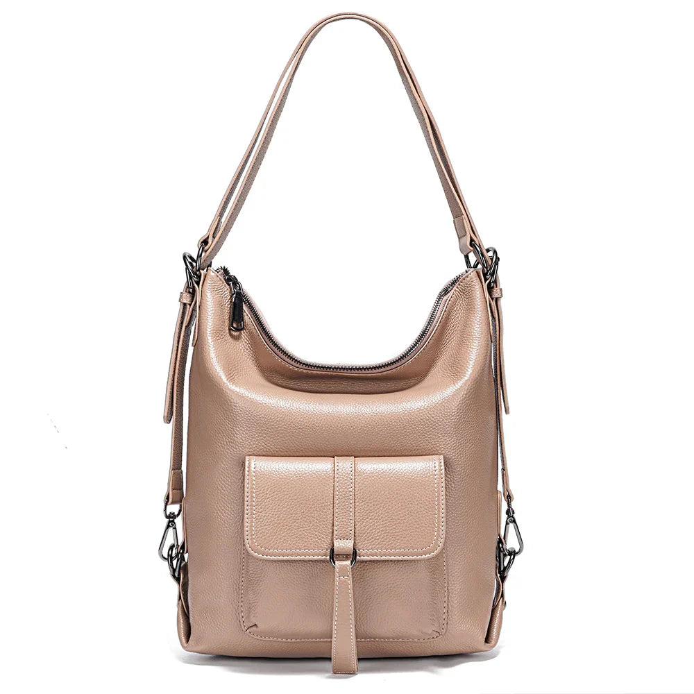 Stylish Women Shoulder Bag 100% Genuine Leather Large Capacity Handbag Multifunction Satchel Bag Backpack Brown 2 in 1 Bag