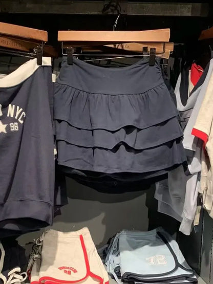 Ruffles Navy Mini Skirts Women Summer Sexy Low Waiste Solid Preppy Style A-line Skirts Vintage Streetwear Chic Solid Bottoms Y2k