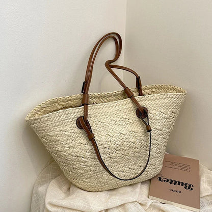 Summer Wicker Woven Basket Bags Rattan Women Handbags Handmade Summer Beach Straw Tote Bag Designer Shoulder Bag Khaki