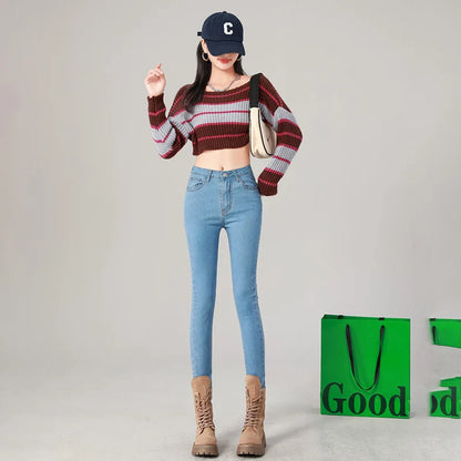2024 Sexy Women Blue Slim Skinny Denim Jeans High Waist Elastic Mom Jeans Stretch Washed Pencil Pants Streetwear Tight Trousers
