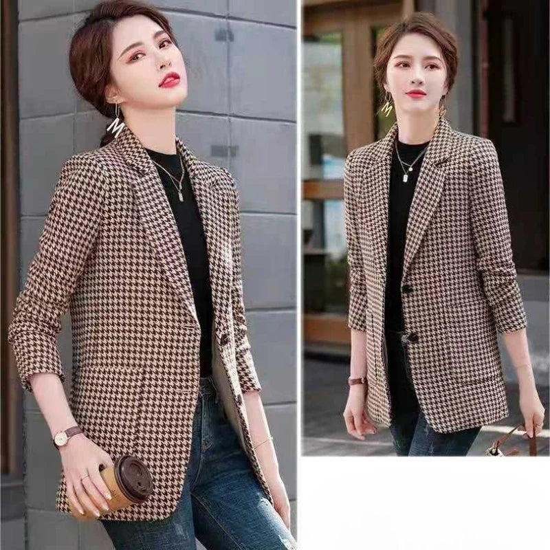 Women's Houndstooth Pattern Blazer Long Sleeve 2025 New Spring Autumn Korean Style Elegant Casual Elegance Daily Wear