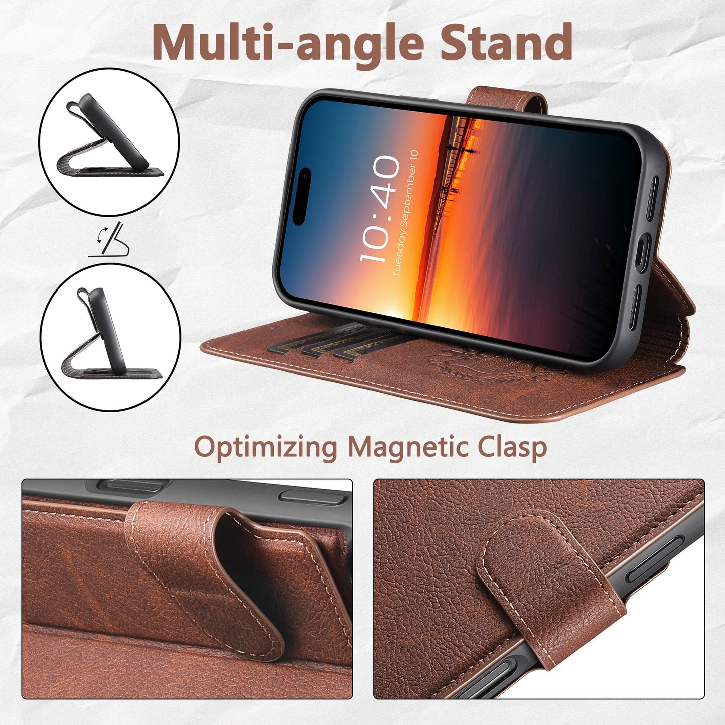 Faux Leather Wireless Charging Card Holder Stand Wallet Magnetic Flip Cover Phone Case For iPhone 17 Pro Max 16 Plus 15 14 13