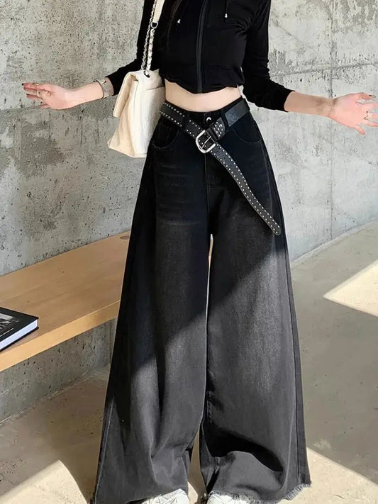 Elegant Chic American Vintage Black Wide Leg Jeans Women High Waist Loose Fit Slimming Draping Raw Hem Floor Length Denim