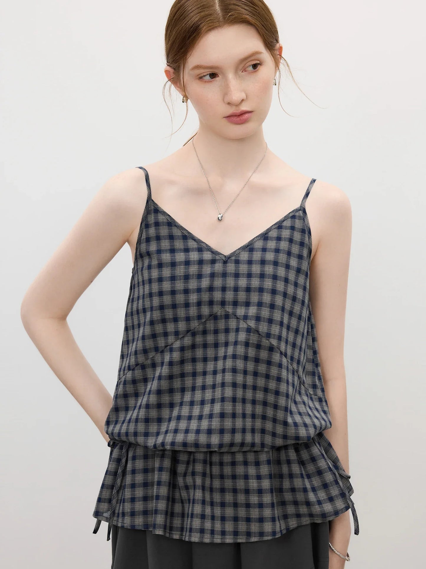 Stylish Retro Checkered Strappy Fitted Top for Women 2025 Summer New Arrival Tanks Camis V-neck suspenders 25FS12853