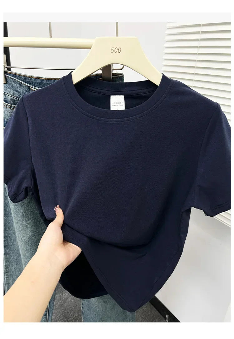 2026 Summer New High Quality Casual Plus Size T Shirt Sexy Short Sleeved Sleeves Fashion Trend Solid Women Clothing Y2k Tops