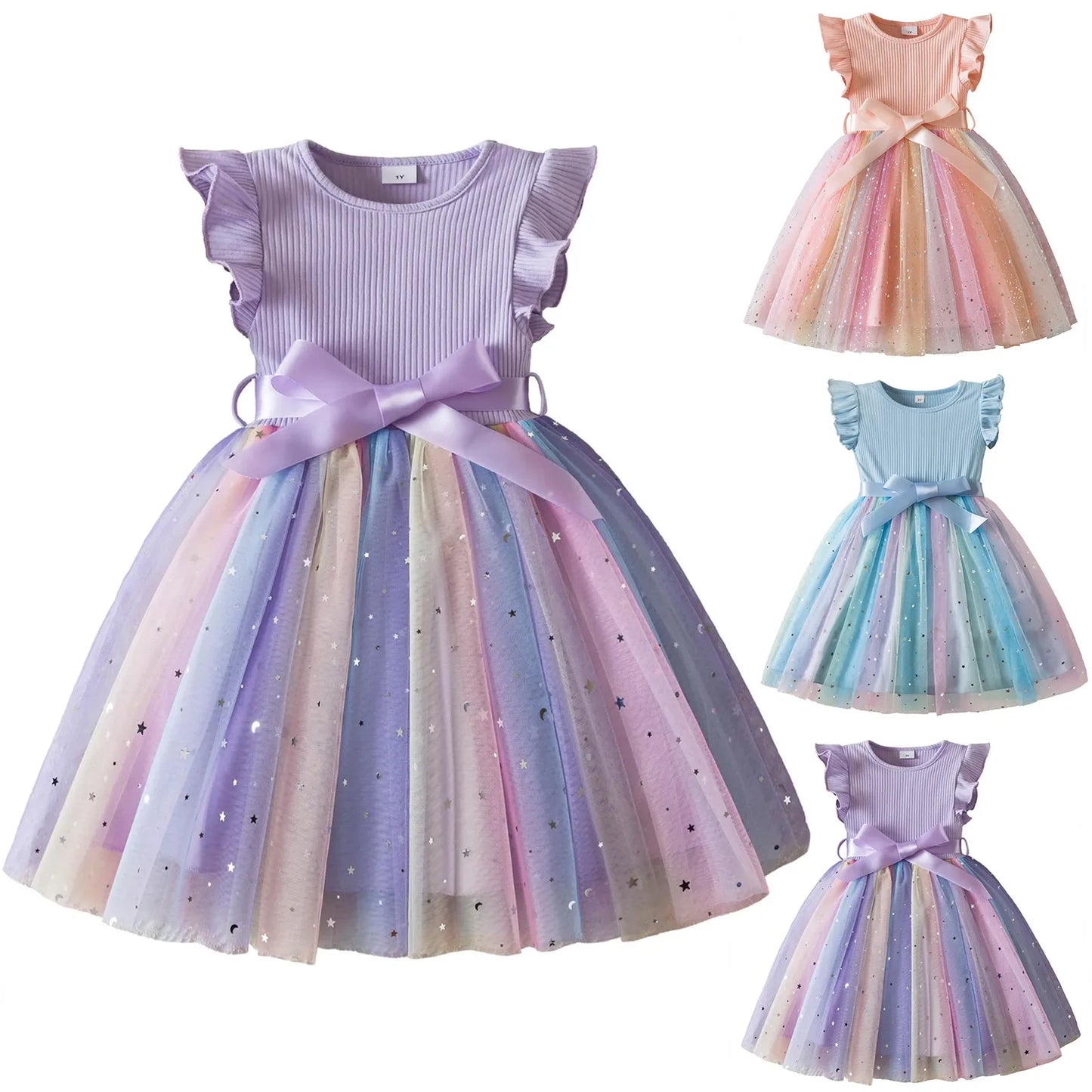 New Girls Dress for Sequins Birthday 1-5Y Toddler Girls Rainbow Tulle Dress Sweet Kids Princess Dress for Girls 2025 Summer Wear