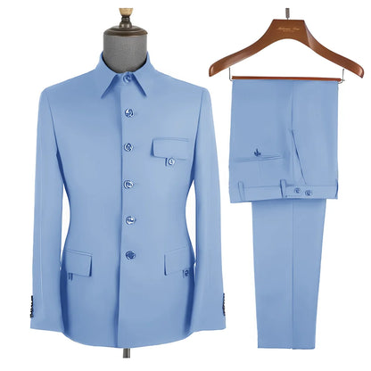 Royal Blue Formal Men's Suit 2 Piece Set Stand Collar Blazer Pants Slim Fit Wedding Groom Tuxedo Party Dress
