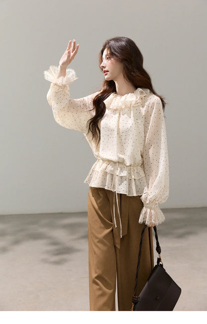 Retro Polka Dot Ruffle Chiffon Blouse 2026 Spring New Apricot Lace Cuffs Design Top Gentle Tie Shirt for Women MXF13X2530