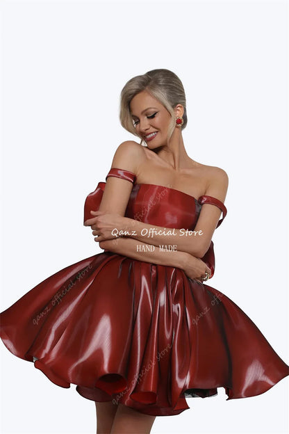 Pink Satin Prom Dresses Strapless Bow Satraps Short Birthday Dress Woman Sexy Lace Up Back платье на выпускной Customized