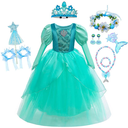 Girls Mermaid Dress Ariel Long Sleeves Cosplay Halloween Costume Kids Fluffy Tulle Shell Applique Frocks Elegant Gown