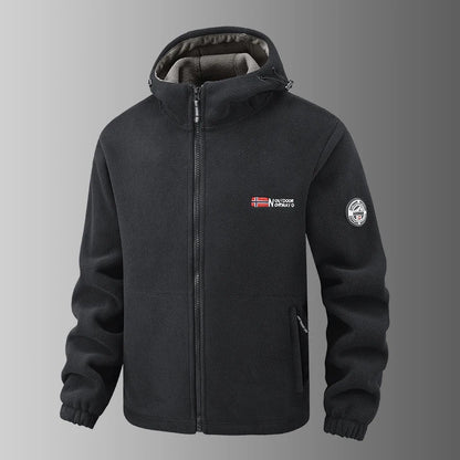 2025 Fleece Men's Coat Thickened Warm Windproof Loose Outdoor Collar Fleece Hooded Jacket Norwegian Printed Good Soldier
