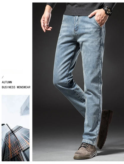 Winter Fleecy Thickened Warm Jeans Vintage Brand Classic Retro Youth Fashion Men Fit Straight Leg Casual Stretch Denim Pants