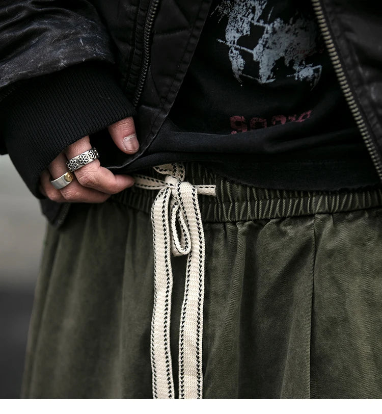 Spring Summer Cargo Pants Men Cotton Enzyme Wash Distressed Loose Fit Straight Leg Khaki Drawstring Elastic Waist Casual Pants