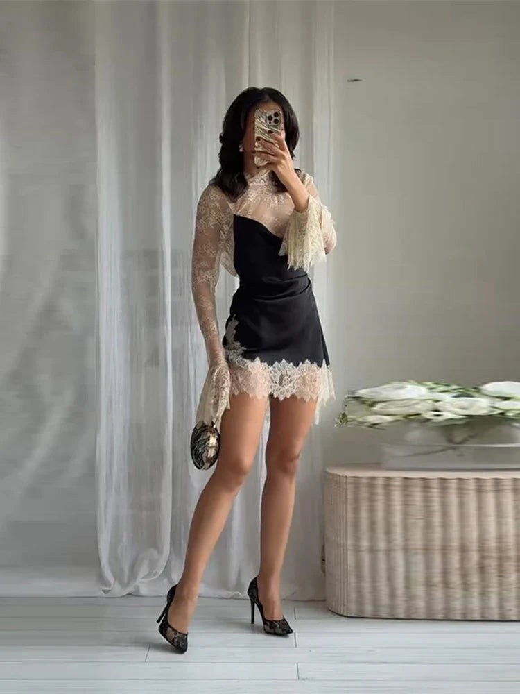 Elegant Lace Trim Satin Dress Women High Neck Color Block Full Sleeve Y2K Mini Dresses 2026 Spring Lady New Sexy Party Clubwear