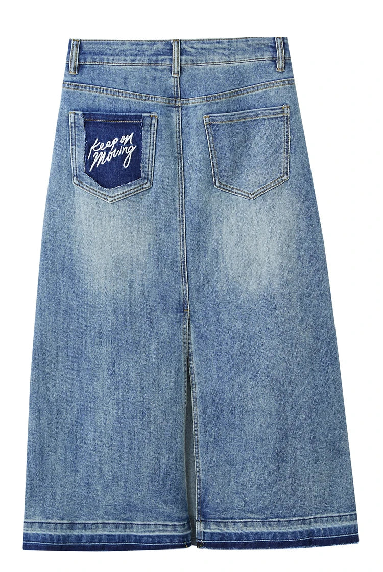 Minimalism 2024 Summer New Casual Denim Style Women Jeans Skirts Letters Embroidery Open Fork Female A-line Skirt 12442282