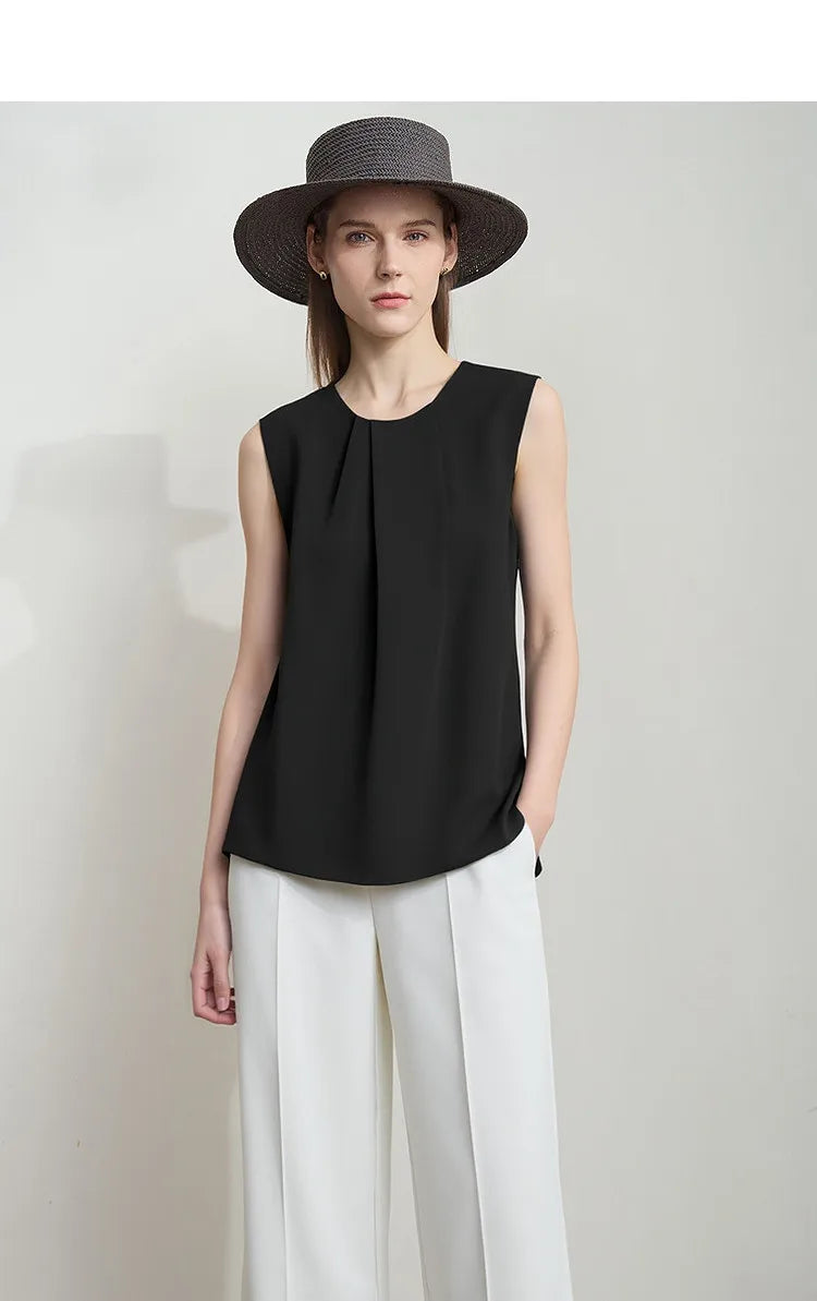 Sleeveless Women's Blouse 2026 Summer O-Neck Asymmetric Chiffon Top For Women Elegant Pleated Office Flowy Shirt 12642060