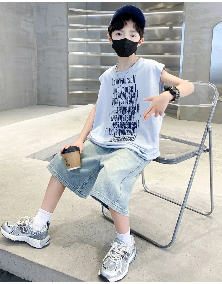 2025 New Summer Outfit Sets for Boys Sleeveless Tshirt And Denim Shorts 2 Pieces Tracksuit Kids Child Stylish Sports Suits 5-14Y
