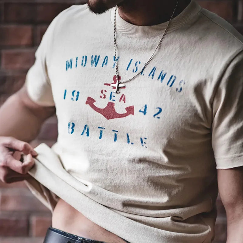 Vintage Letter Print Cotton Short Sleeve T-Shirt Men's Summer Loose Fit Ribbed Crew Neck Tee Casual Street Tops for Daily