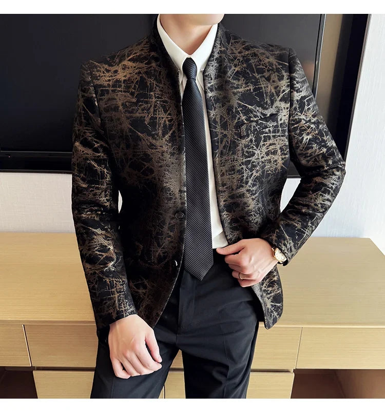 New Chinese Style Stand Up Collar Jacquard Suit Coats Men Slim Business Casual Fashion Suits Jacket Formal Social Party Tuxedos