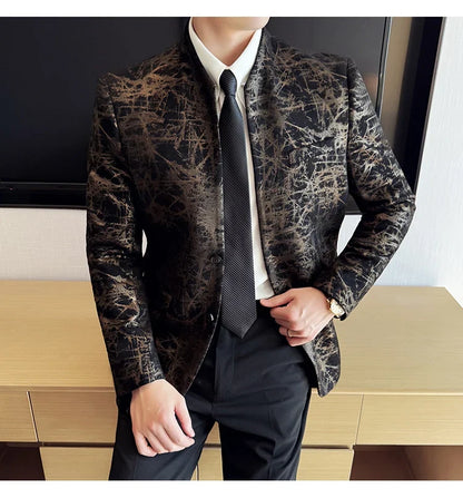 New Chinese Style Stand Up Collar Jacquard Suit Coats Men Slim Business Casual Fashion Suits Jacket Formal Social Party Tuxedos