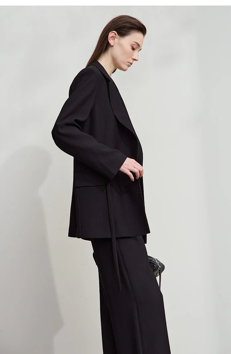 Office Lady Solid Blazers 2025 Autumn New Long Sleeves Loose Coat Notched Business Jacket Belt Women's Clothing 12543025
