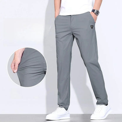 Korean Street Summer Y2K Men's Ice Silk Casual Pants All Match Elastic Sweatpants Office Business Fashion Straight Suit Trousers