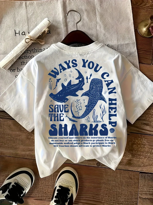 100% Cotton Women's Casual Round Neck T-Shirt with Shark Print Short Sleeve All-Season Fashion Tee for Ladies Girls