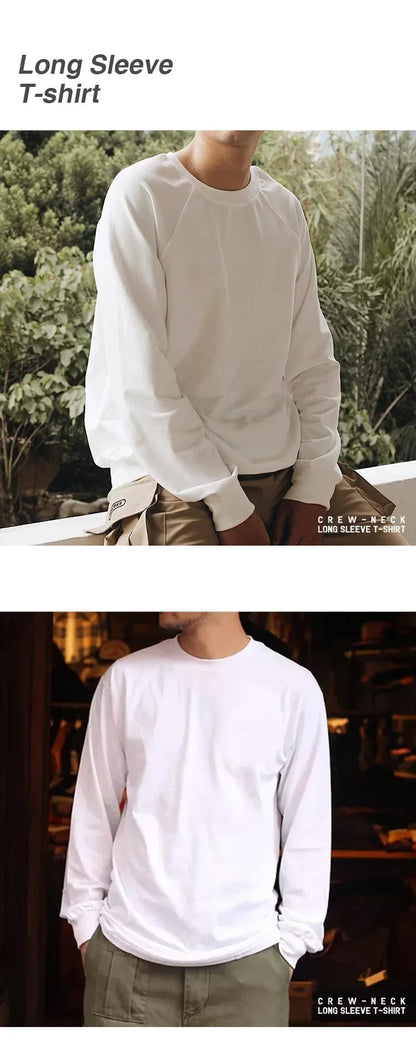 100% Cotton Loose Crew Neck Long Sleeve T-shirts Men's  230g Thin Breathable Tee Shirt Basic Solid Color Oversized Tops