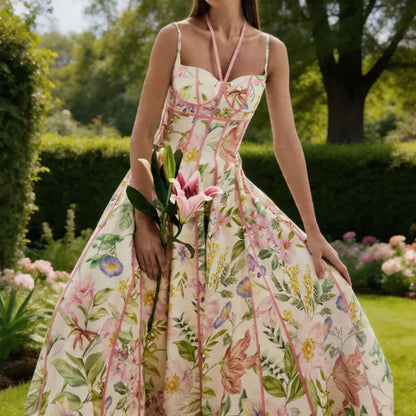 Women's Retro Floral Print Corset Maxi Dress Sexy Sleeveless Halter Neck Flowy Long Dress Lady Summer Vacation Dating Streetwear