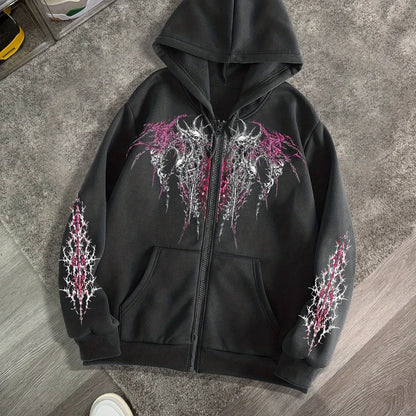 Men's Gothic Dark Print Zipper Hooded Casual Sports Sweatshirt Zipper Jacket Autumn and Winter New Casual Retro Street Style Top