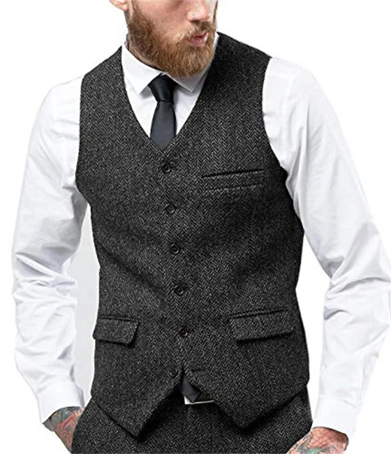 Herringbone Vest for Men Wool Tweed Waistcoat for Groom Groomsman Formal Single Breasted Males Plus Size Dress Suit Vest
